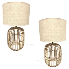 Split Rattan Basket Weave "Barrel" Table Lamp Pair, w/ Shades