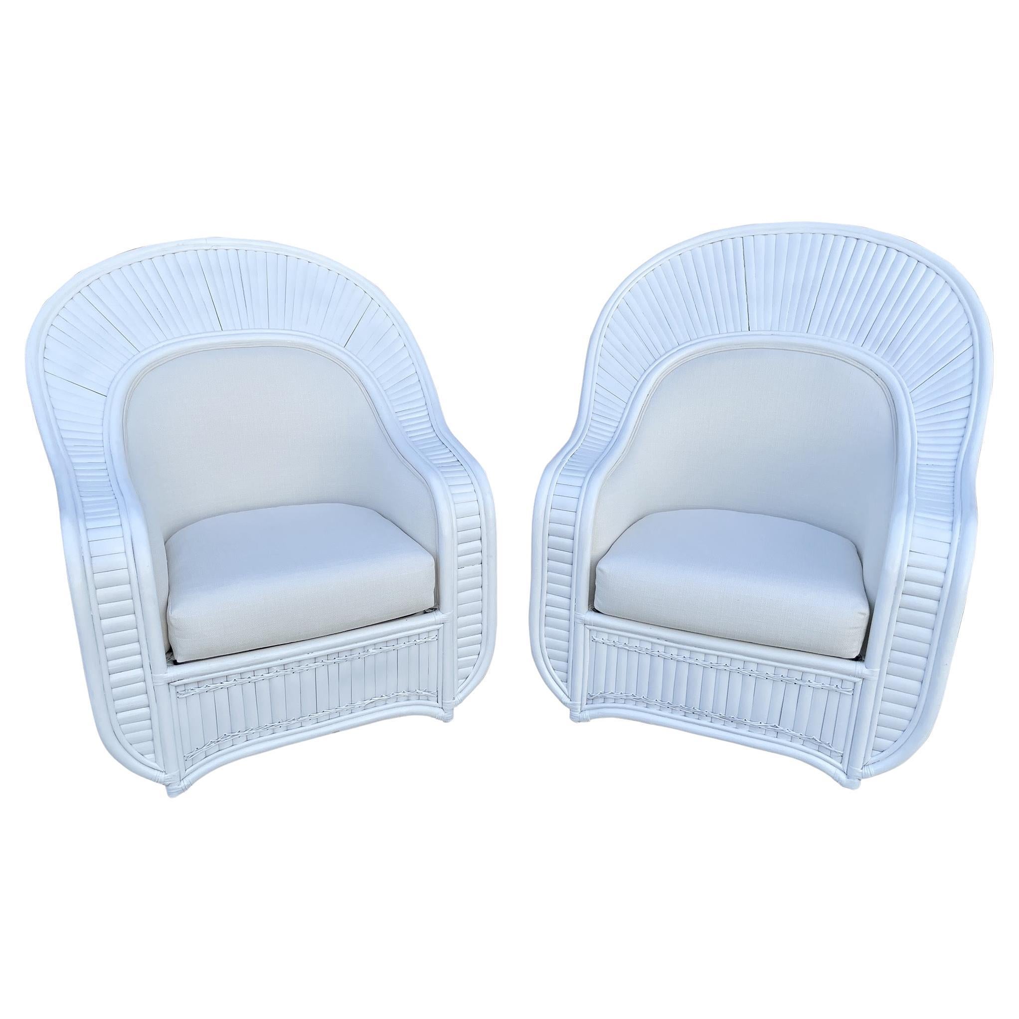 Split Rattan Extra Large Club Chairs in New Todd Hase Textiles, a Pair