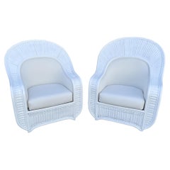 Split Rattan Extra Large Club Chairs in New Todd Hase Textiles, a Pair