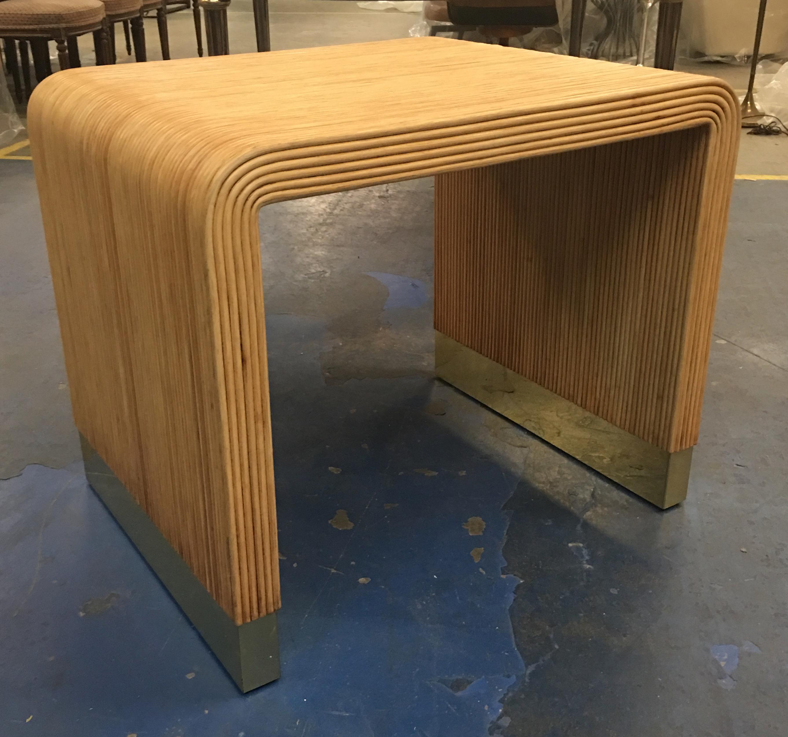 Large scale side table with brass-clad sled bases by Harrison- Van Horn, the Rolls Royce of furniture as they've been called. The beautiful workmanship shows throughout the piece. Base was professionally polished and lacquered.