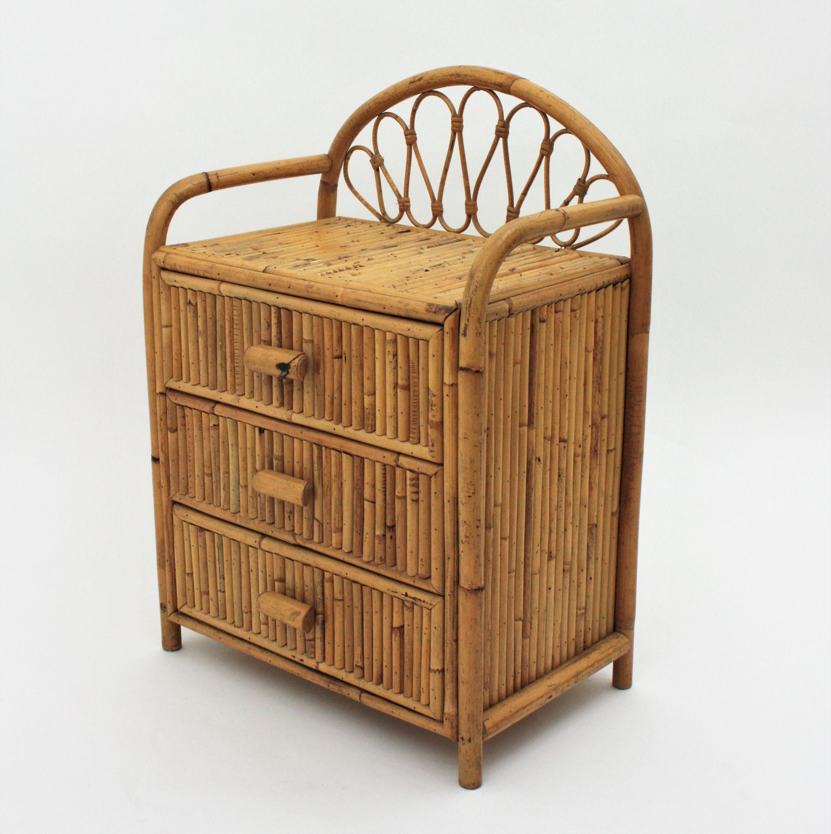 Spanish Split Reed Bamboo Rattan End Table or Nightstand, 1970s For Sale