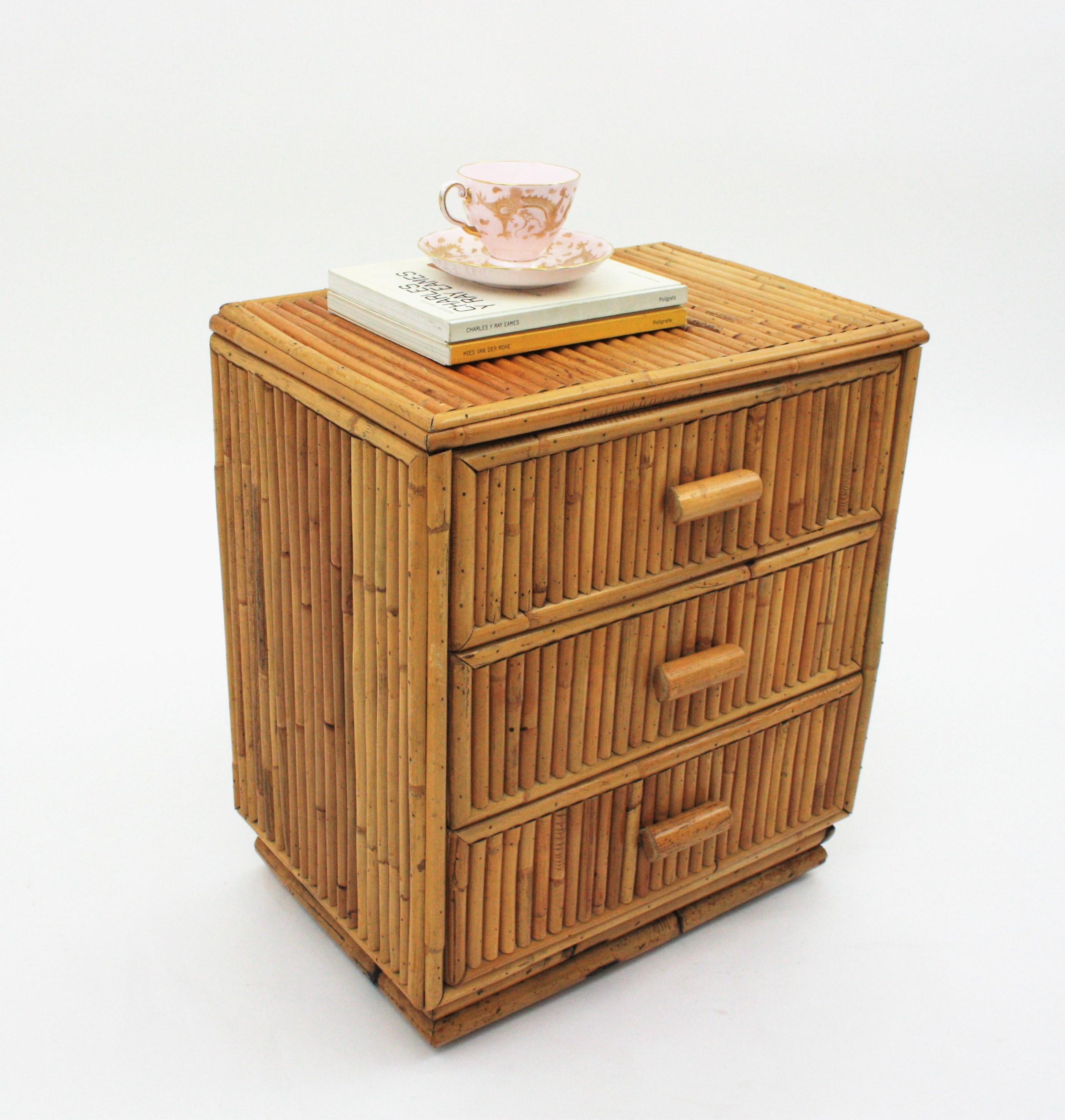 Spanish Split Reed Bamboo Rattan Small Chest or Nightstand, 1970s For Sale