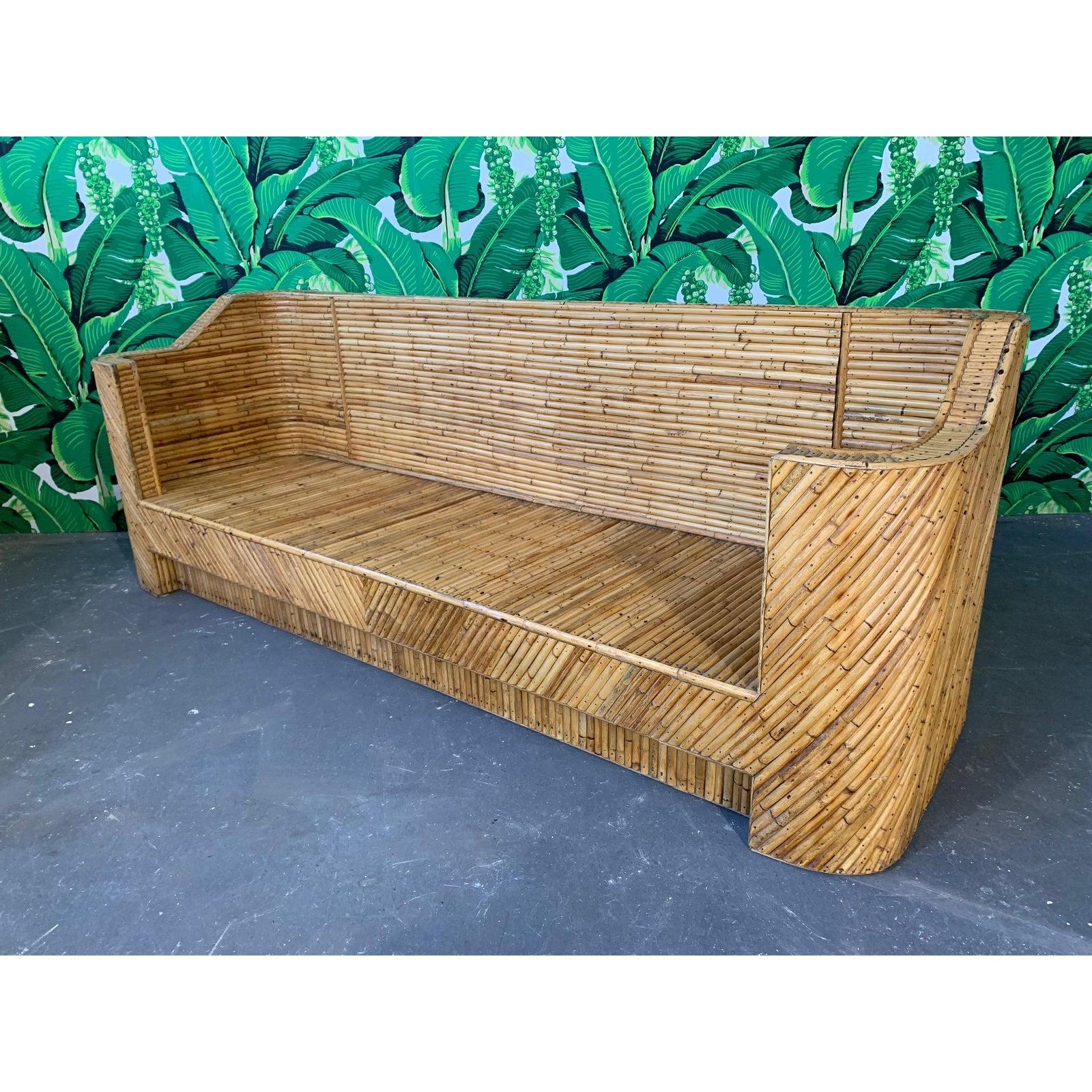 Vintage split reed bamboo sofa circa 1960s purchased by original owner in Guam. Very heavy, excellent construction, minor signs of age appropriate wear to finish.