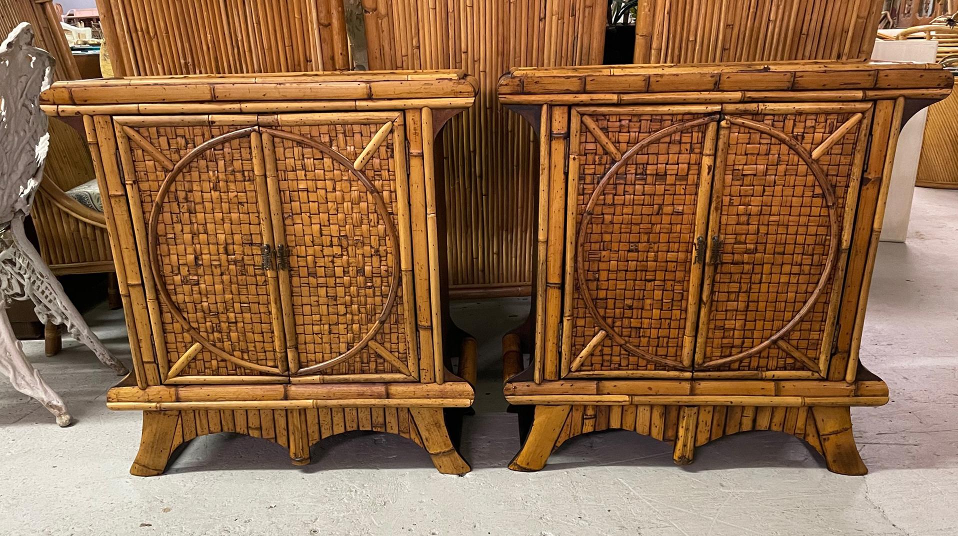 Pair of rattan nightstands feature a veneer of split reed rattan along with a basketweave pattern on doors. Bamboo accents as well. Very good condition with only minor imperfections consistent with age.