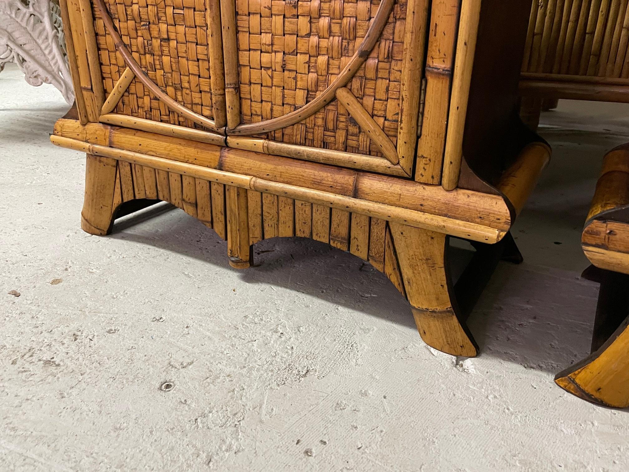 Late 20th Century Split Reed Basketweave Rattan Nightstands, a Pair