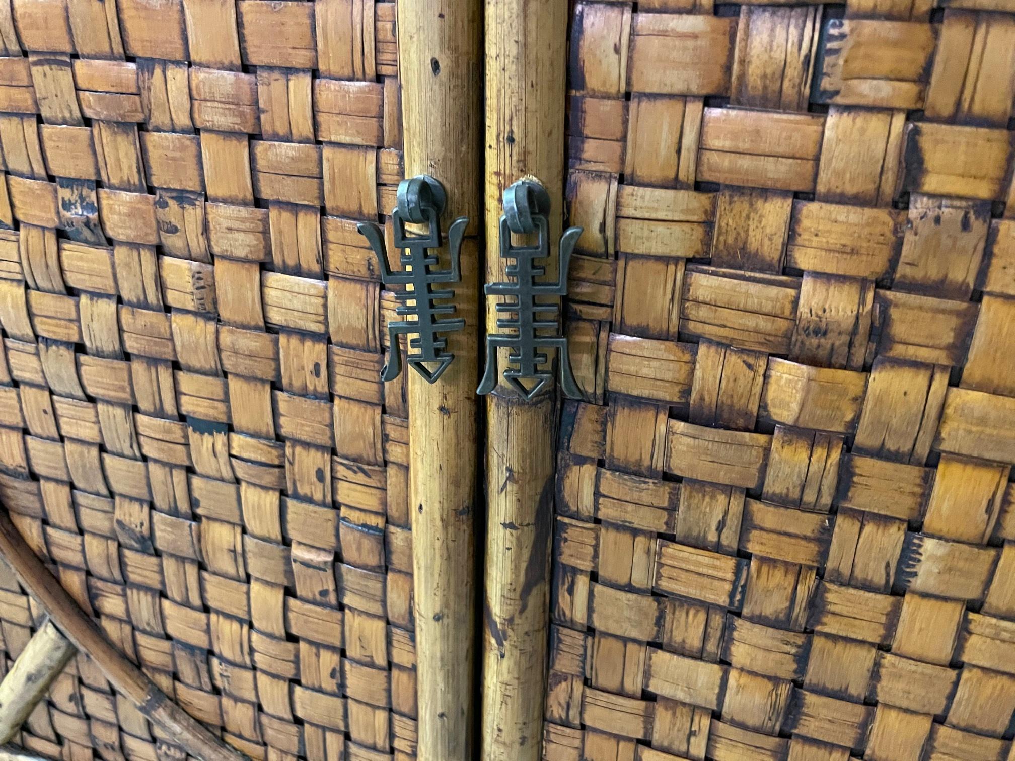 Bamboo Split Reed Basketweave Rattan Nightstands, a Pair