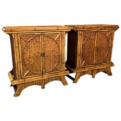 Split Reed Basketweave Rattan Nightstands, a Pair