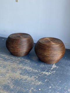 Split Reed / Pencil Reed Organic Modernist Drum End Tables or Footstools