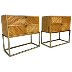 Split Reed Rattan and Brass End Tables or Nightstands