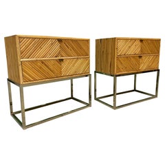 Split Reed Rattan and Brass End Tables or Nightstands