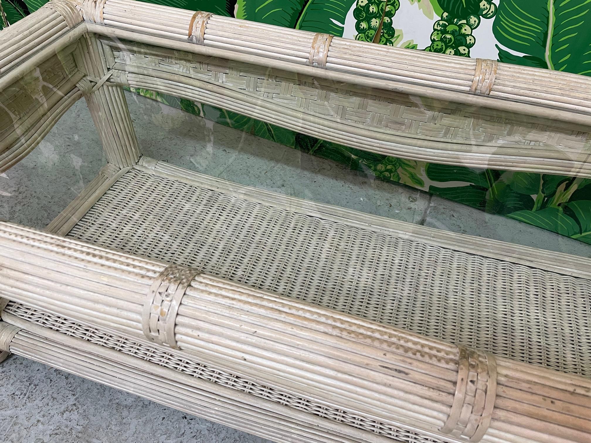 Hollywood Regency Split Reed Rattan and Glass Coffee Table