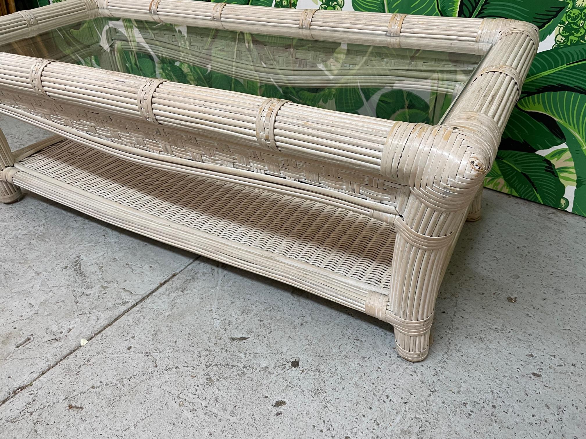 Split Reed Rattan and Glass Coffee Table In Good Condition In Jacksonville, FL