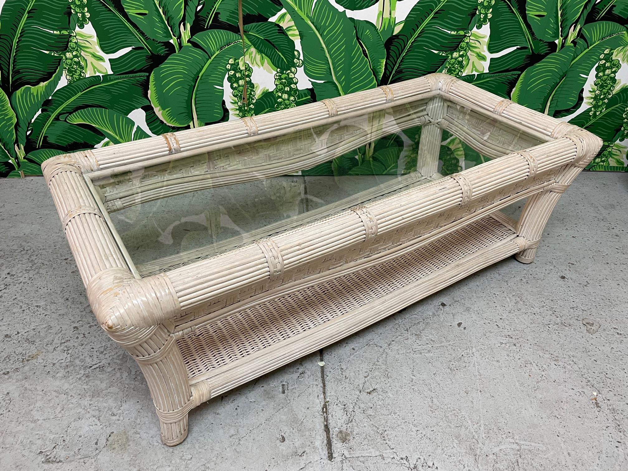 Late 20th Century Split Reed Rattan and Glass Coffee Table
