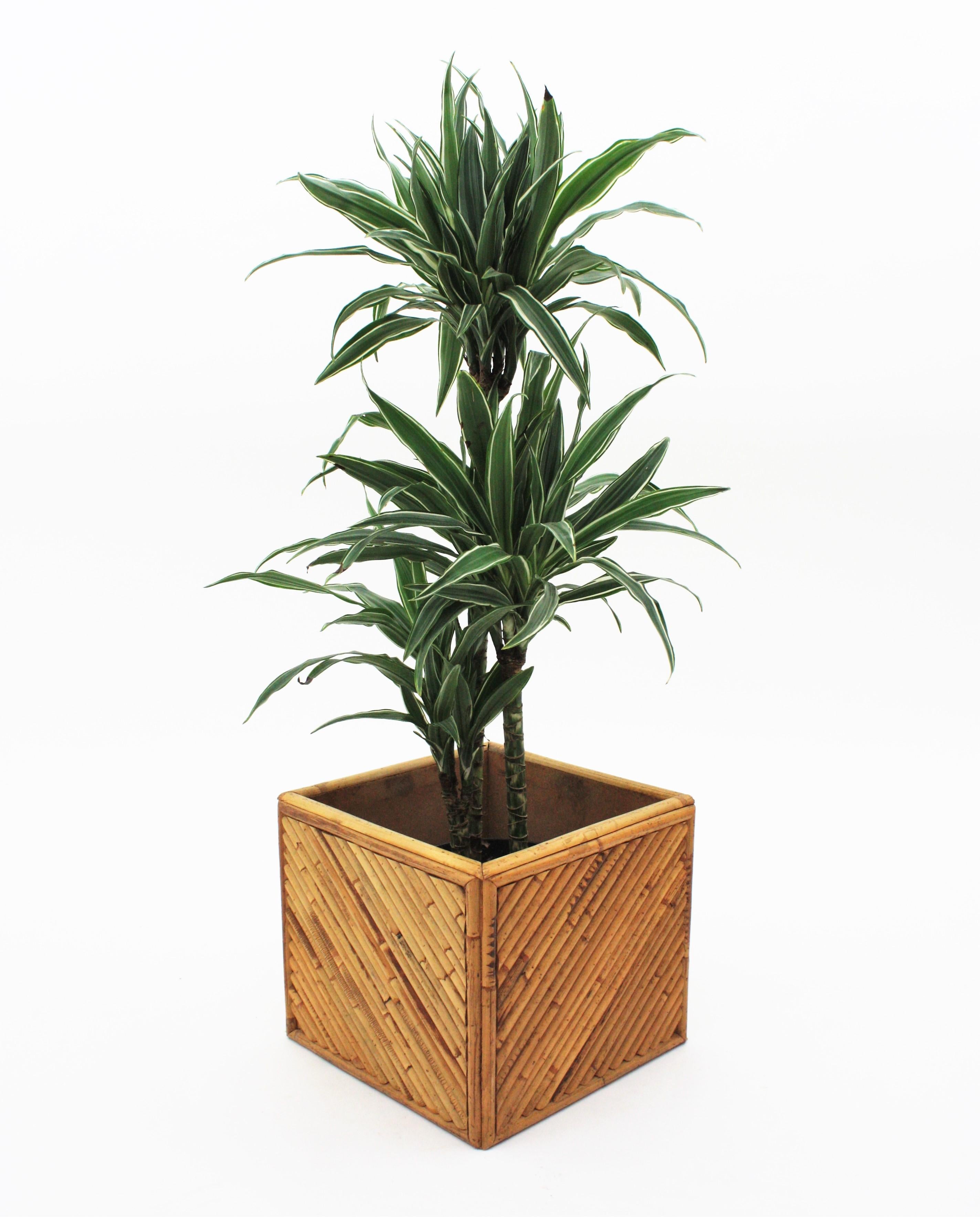 Split Reed Rattan Bamboo Gabriella Crespi Style Planter, 1970s For Sale 3