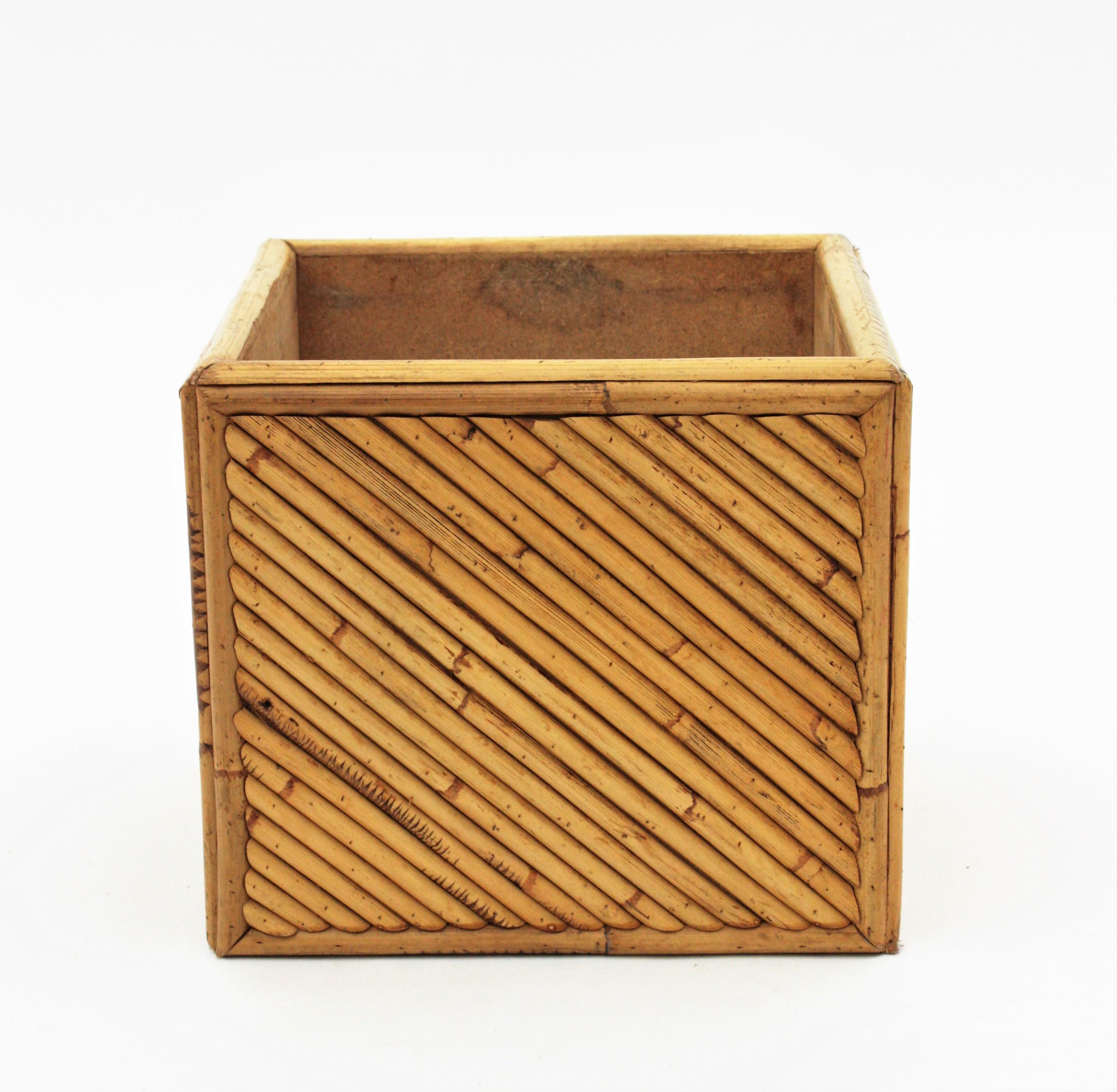 Hand-Crafted Split Reed Rattan Bamboo Gabriella Crespi Style Planter, 1970s For Sale