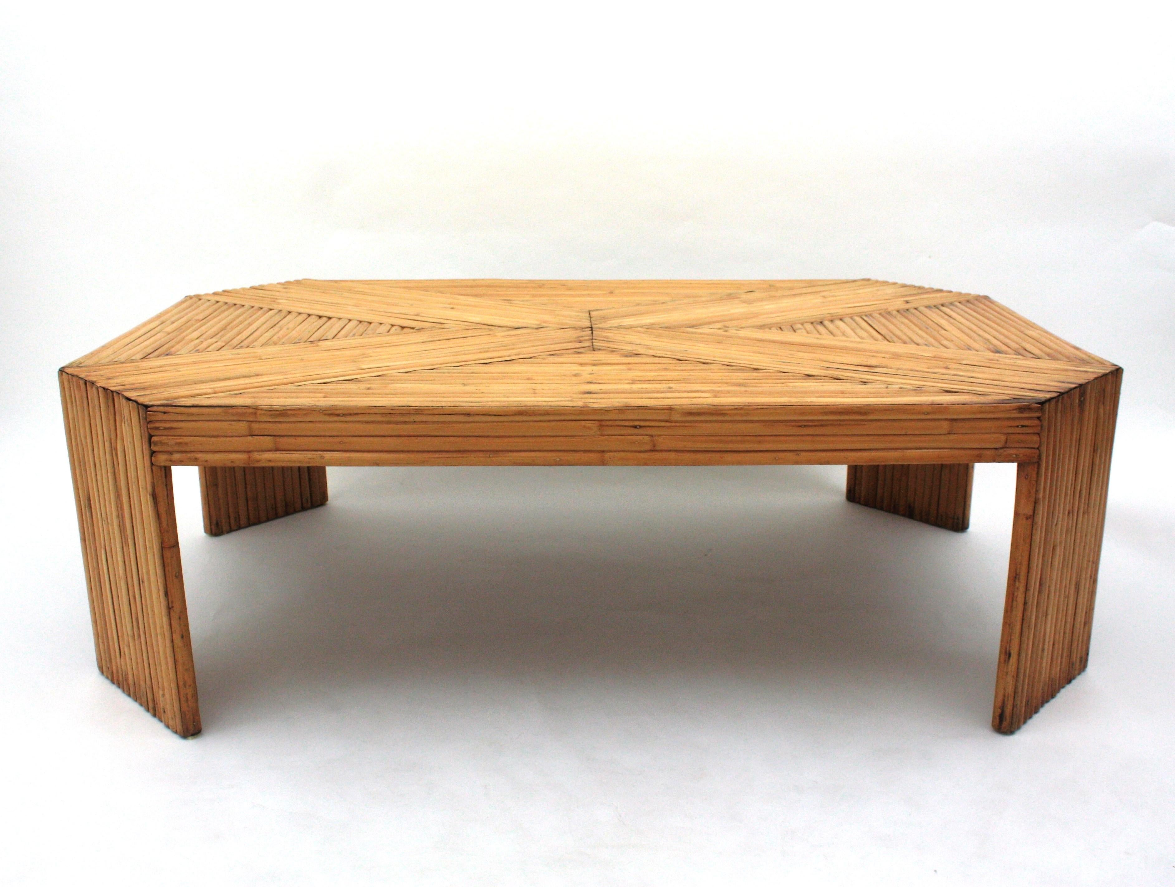 Split Reed Rattan Bamboo Large Coffee Table After Gabriella Crespi For Sale 3