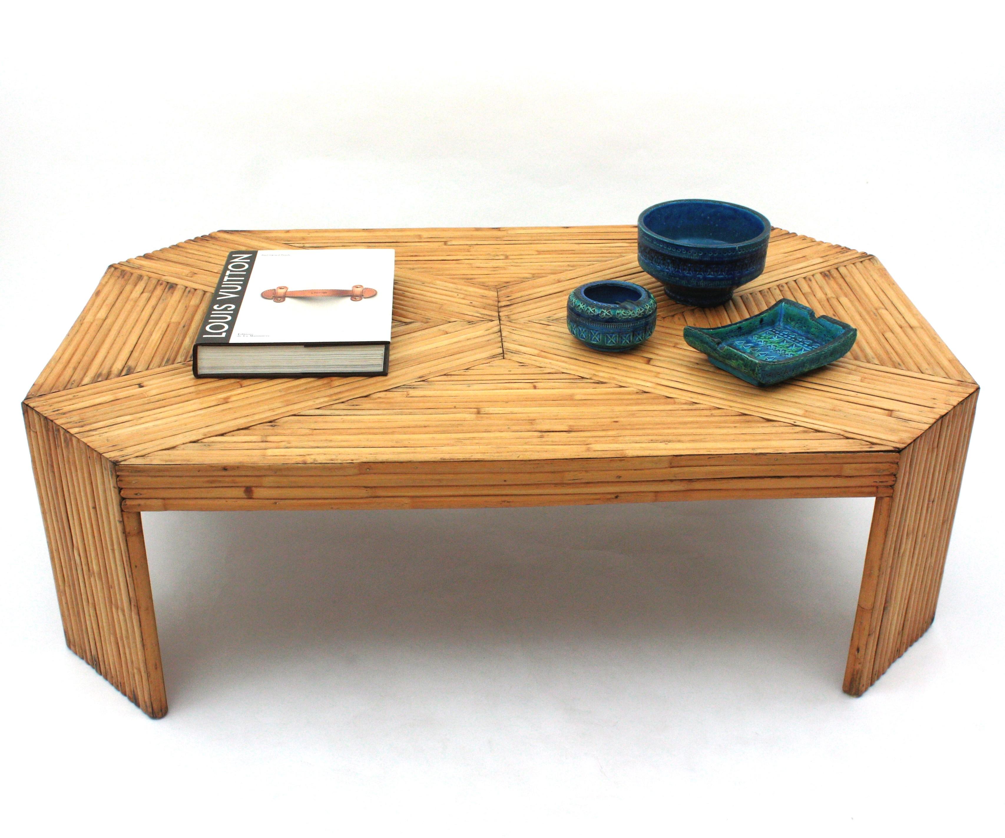 Mid-Century Modern Split Reed Rattan Bamboo Large Coffee Table After Gabriella Crespi For Sale
