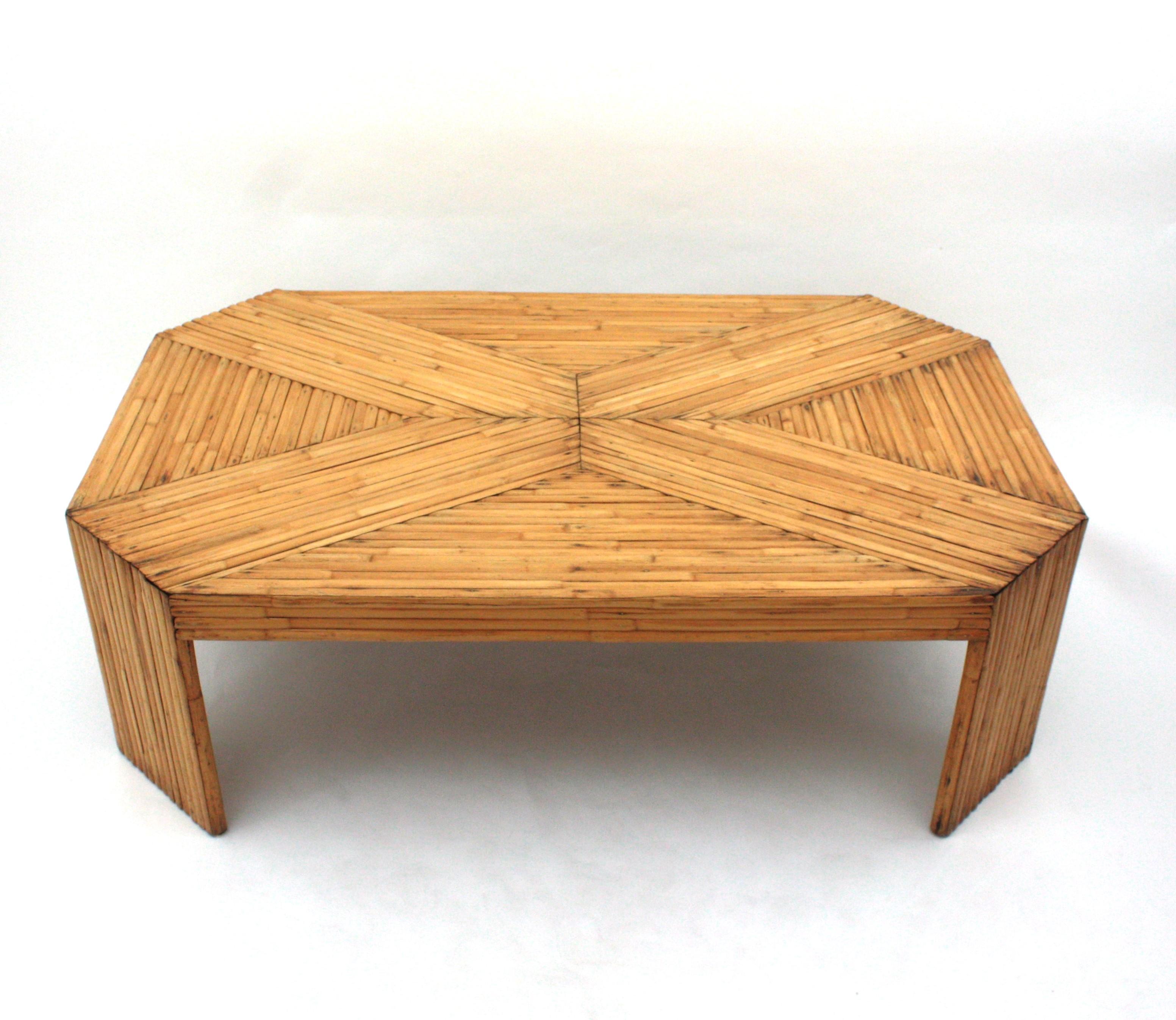 Hand-Crafted Split Reed Rattan Bamboo Large Coffee Table After Gabriella Crespi For Sale