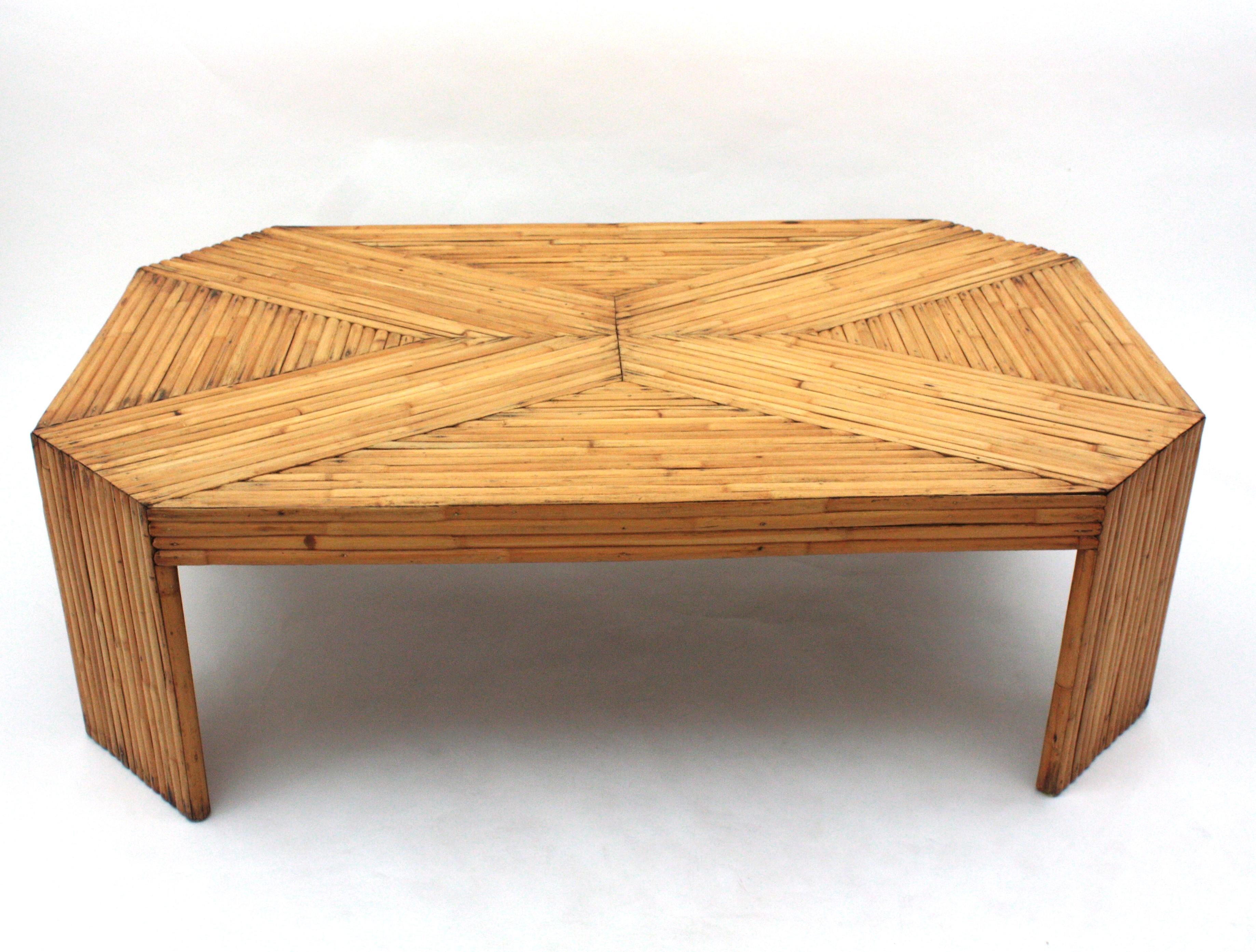 20th Century Split Reed Rattan Bamboo Large Coffee Table After Gabriella Crespi For Sale