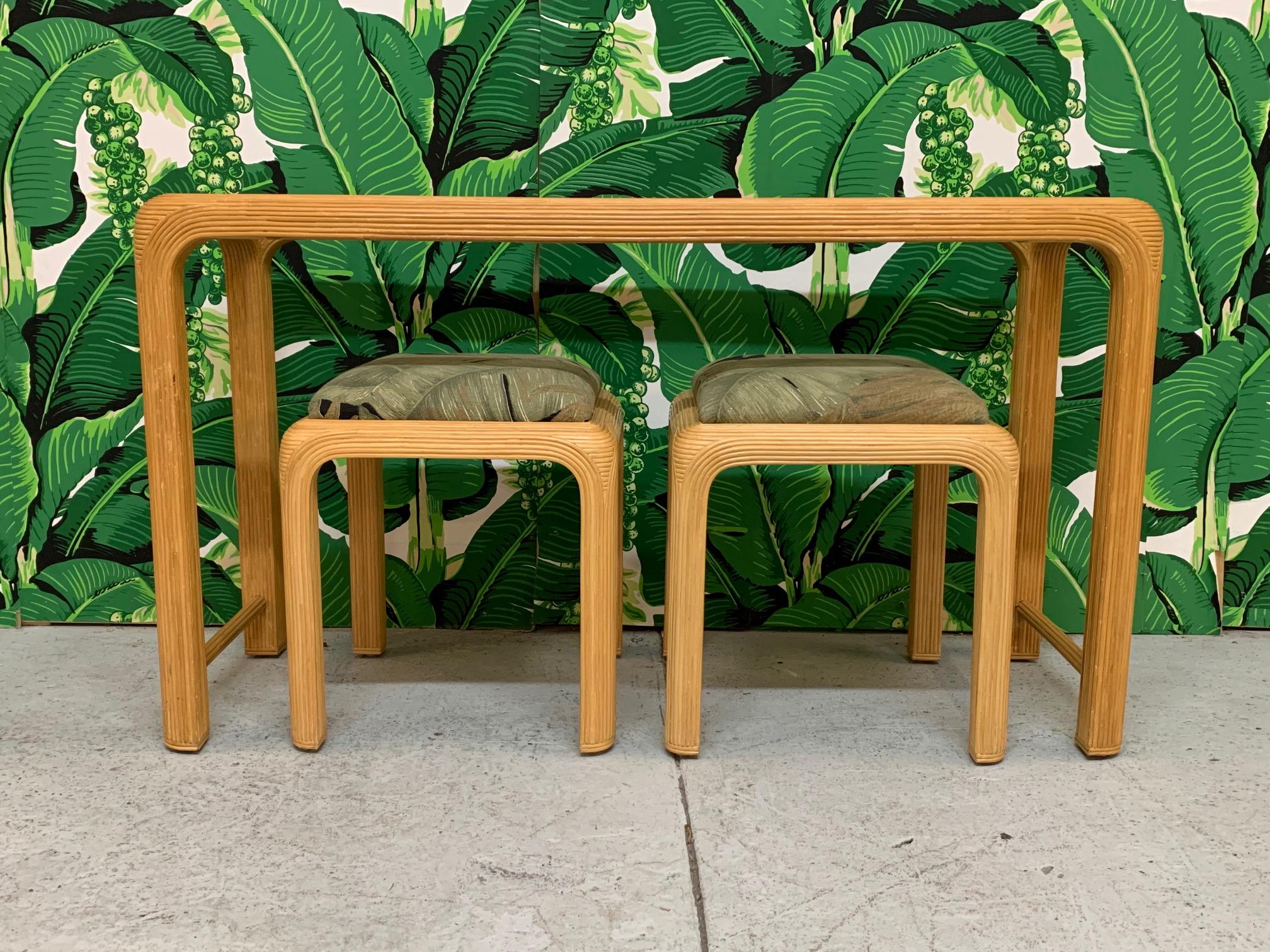 Late 20th Century Split Reed Rattan Console Table with Matching Stools