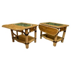 Split Reed Rattan Drop Leaf End Tables, a Pair