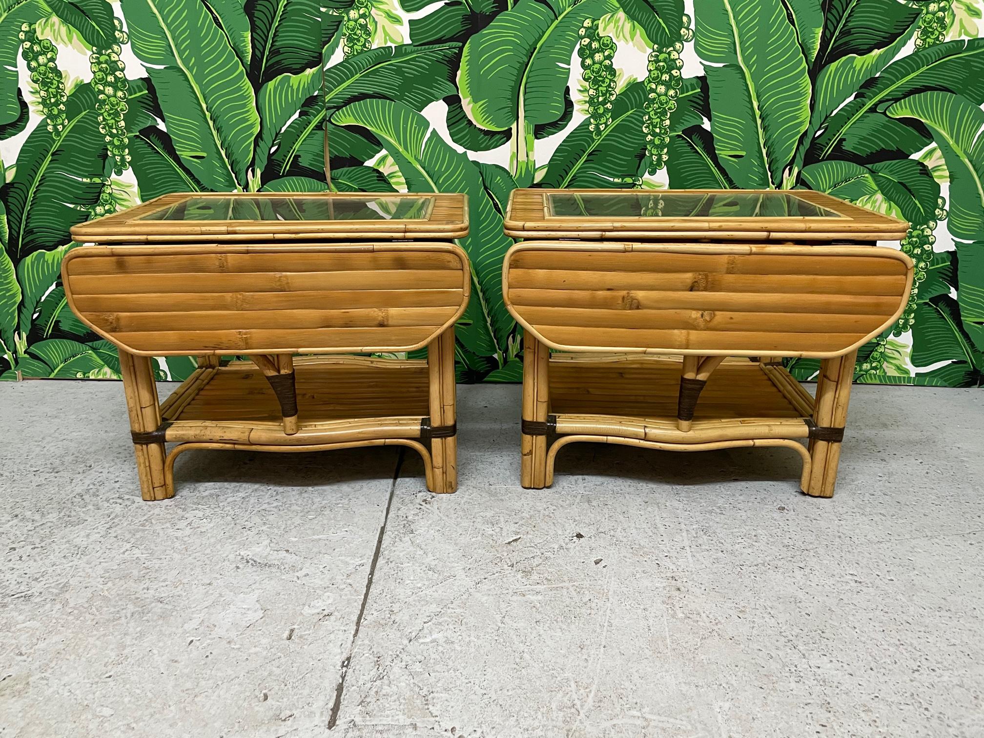 20th Century Split Reed Rattan Drop Leaf End Tables For Sale