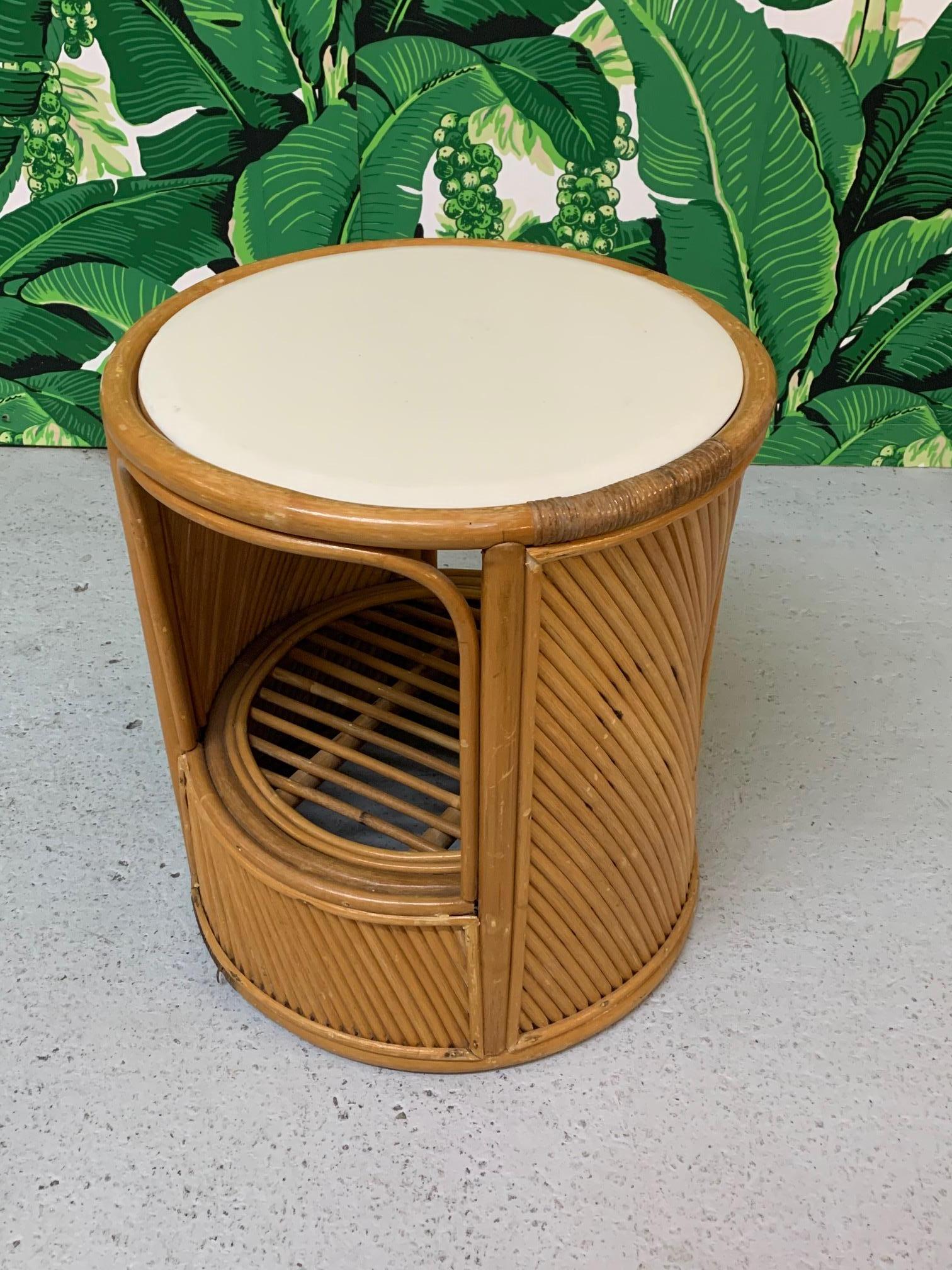 Late 20th Century Split Reed Rattan Drum End Table