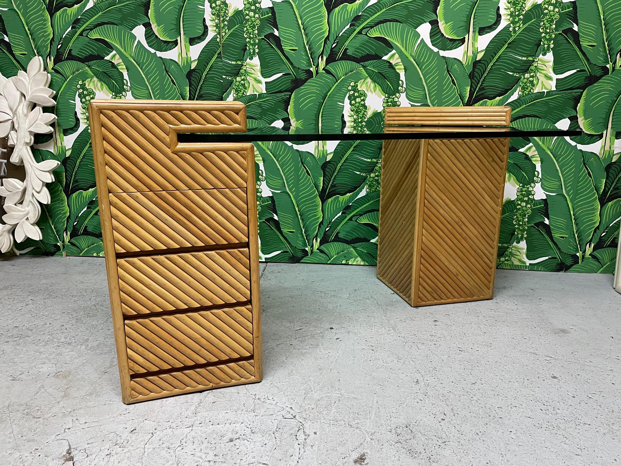 Vintage rattan desk features unique column design with 