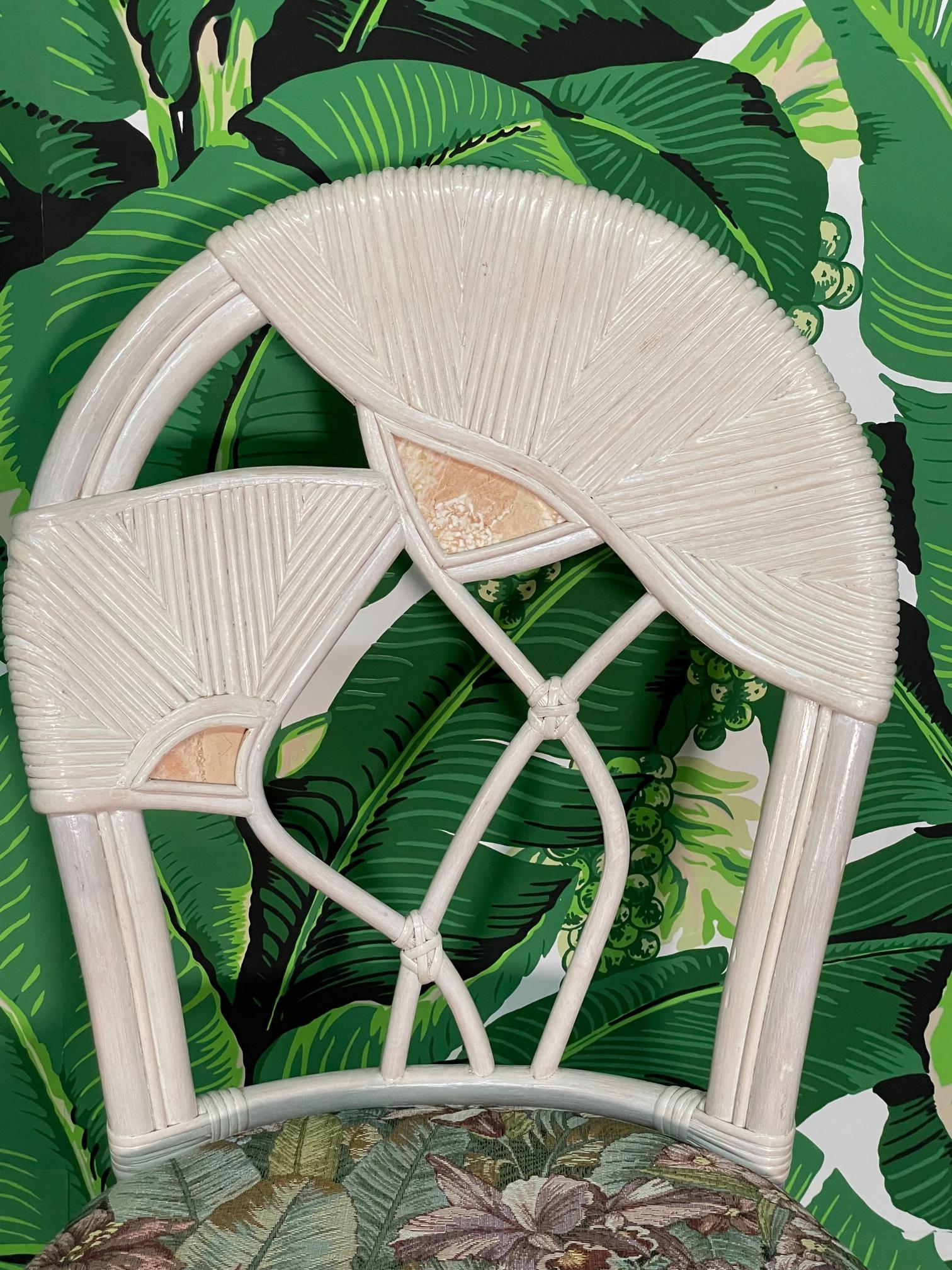 Split Reed Rattan Floral Design Dining Chairs In Good Condition For Sale In Jacksonville, FL