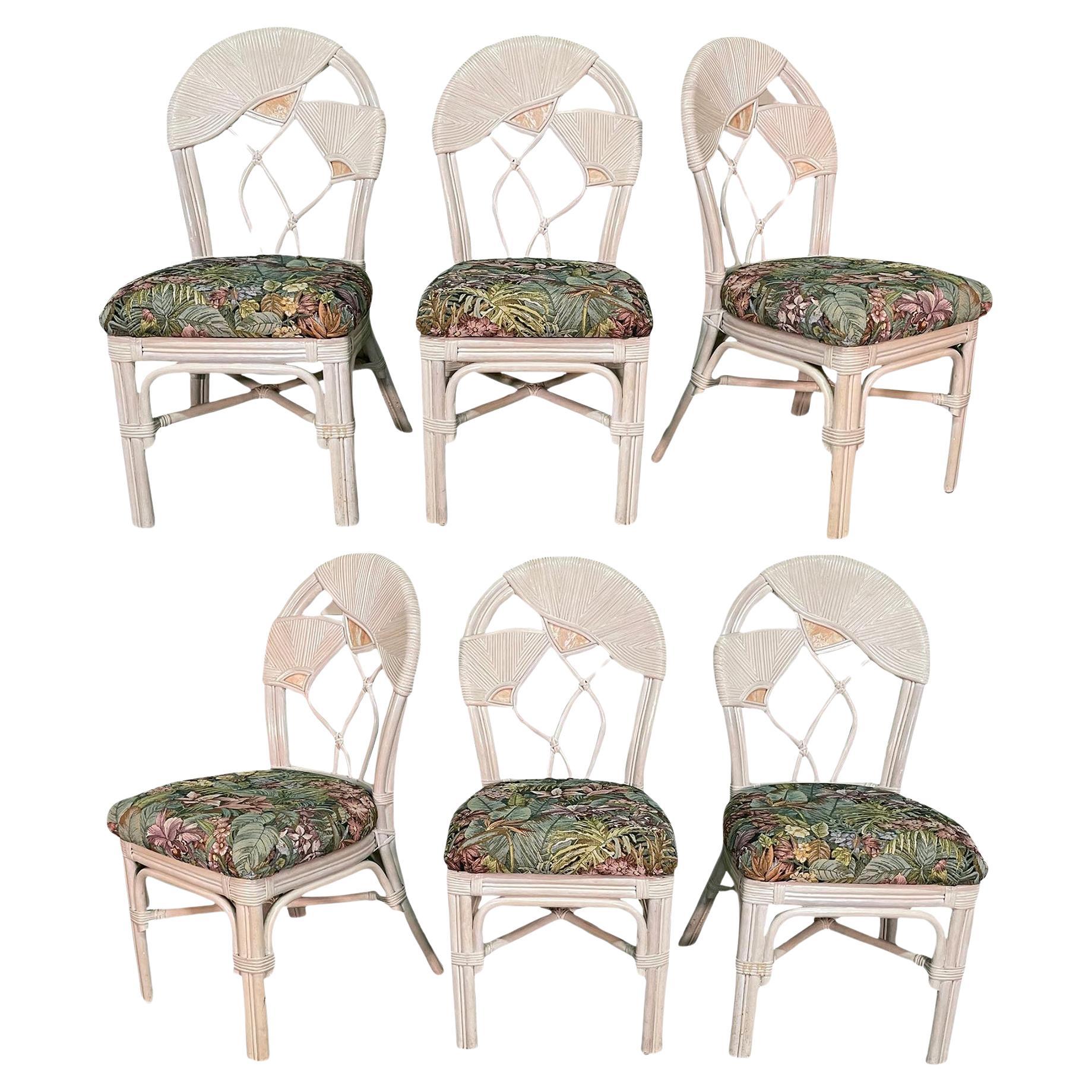 Split Reed Rattan Floral Design Dining Chairs