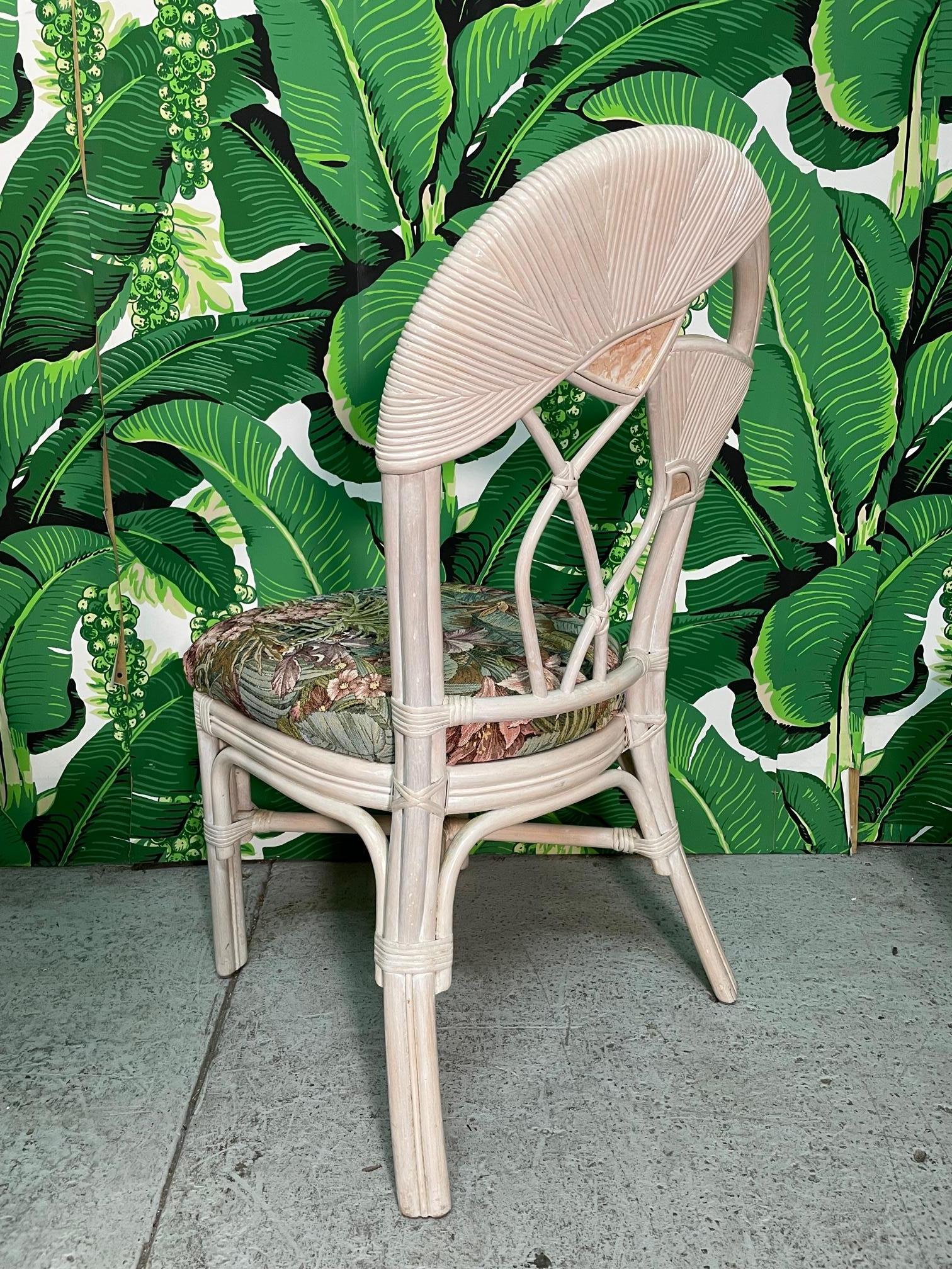 Organic Modern Split Reed Rattan Floral Design Dining Chairs, Set of 6
