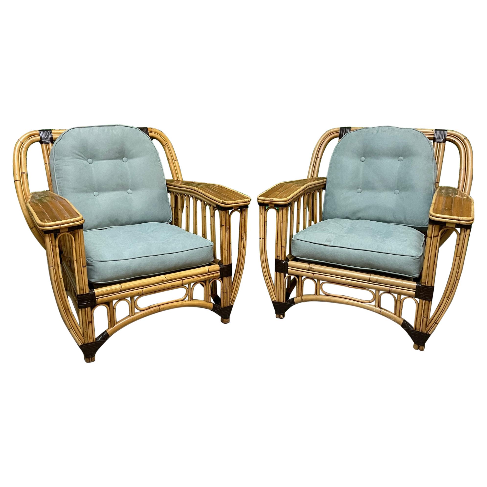 Split Reed Rattan Large Club Chairs, a Pair