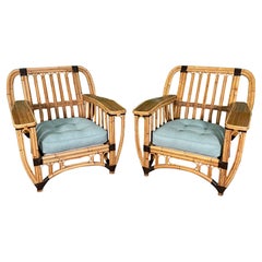Split Reed Rattan Large Club Chairs, a Pair