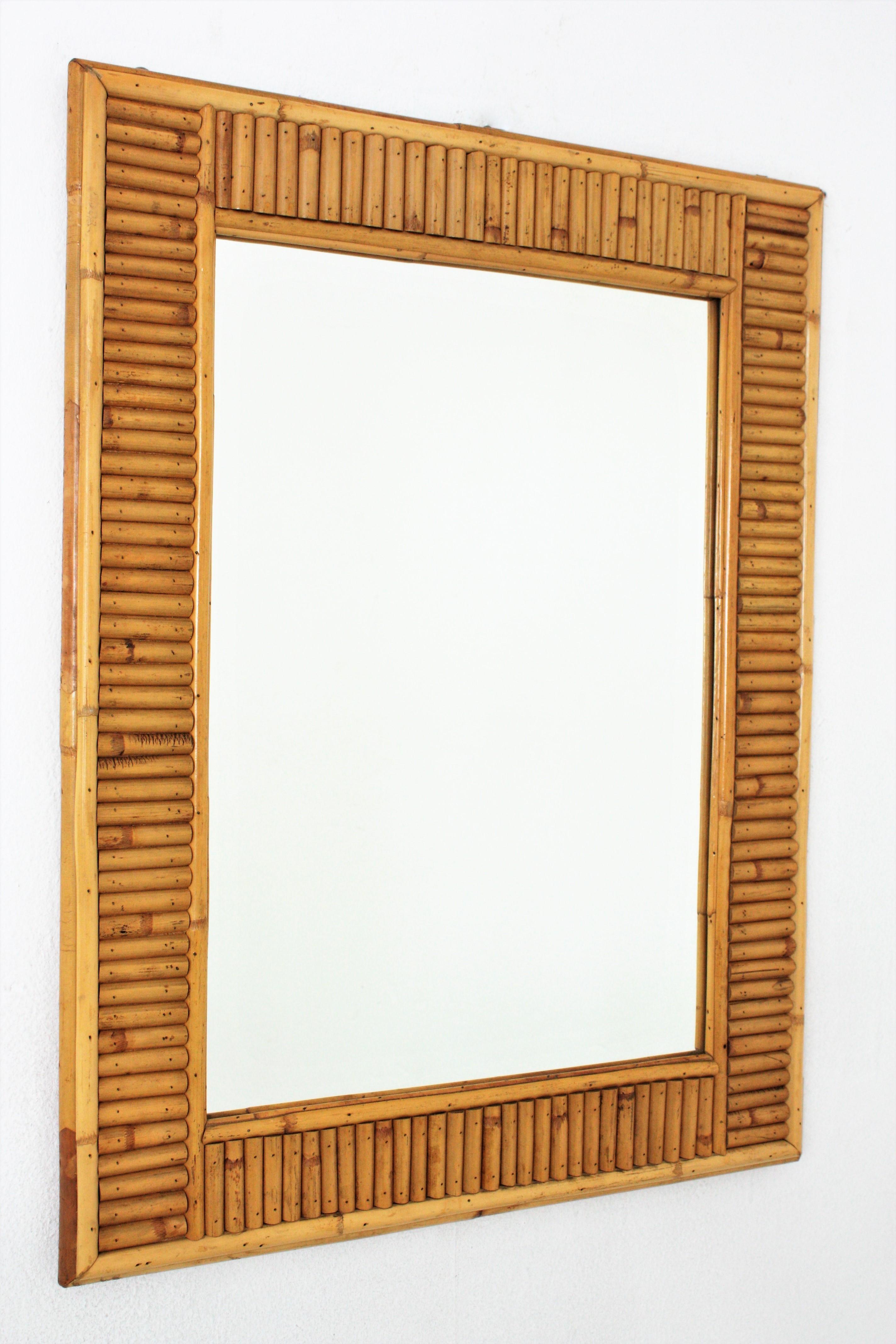 Mid-Century Modern Midcentury Rattan Split Reed Rectangular Wall Mirror For Sale