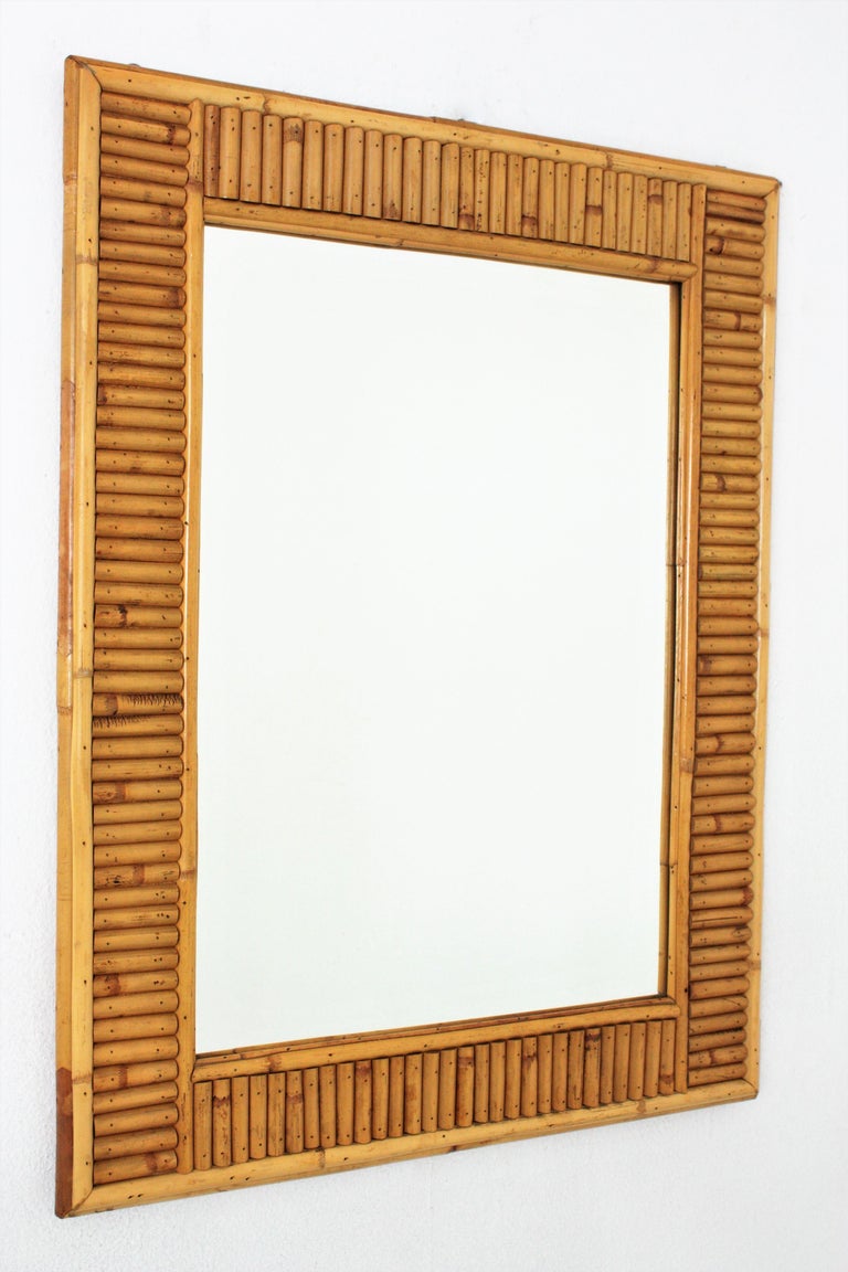 Mid-Century Modern Split Reed Rattan Rectangular Mirror For Sale