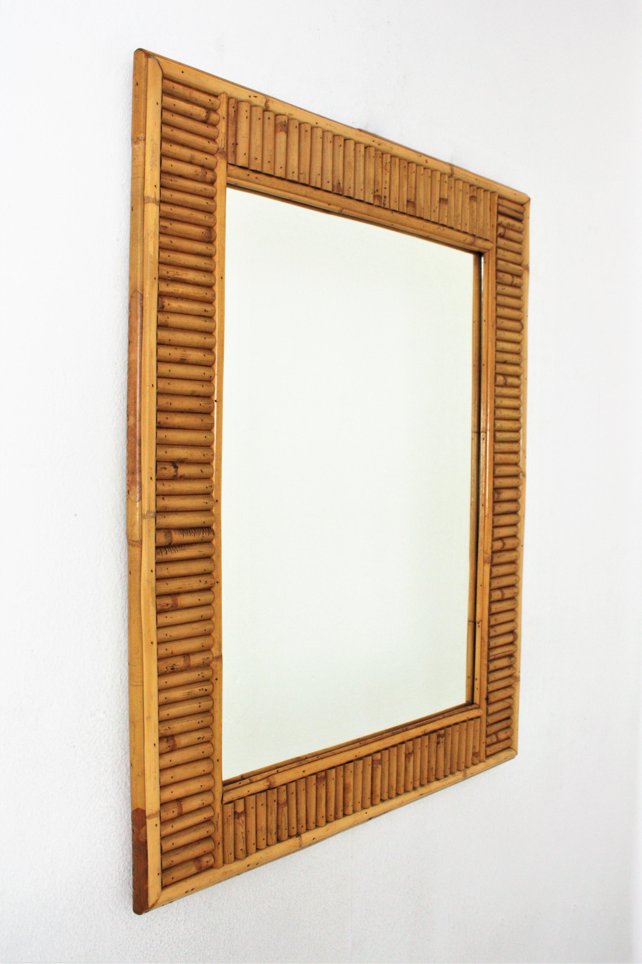 Italian Midcentury Rattan Split Reed Rectangular Wall Mirror For Sale