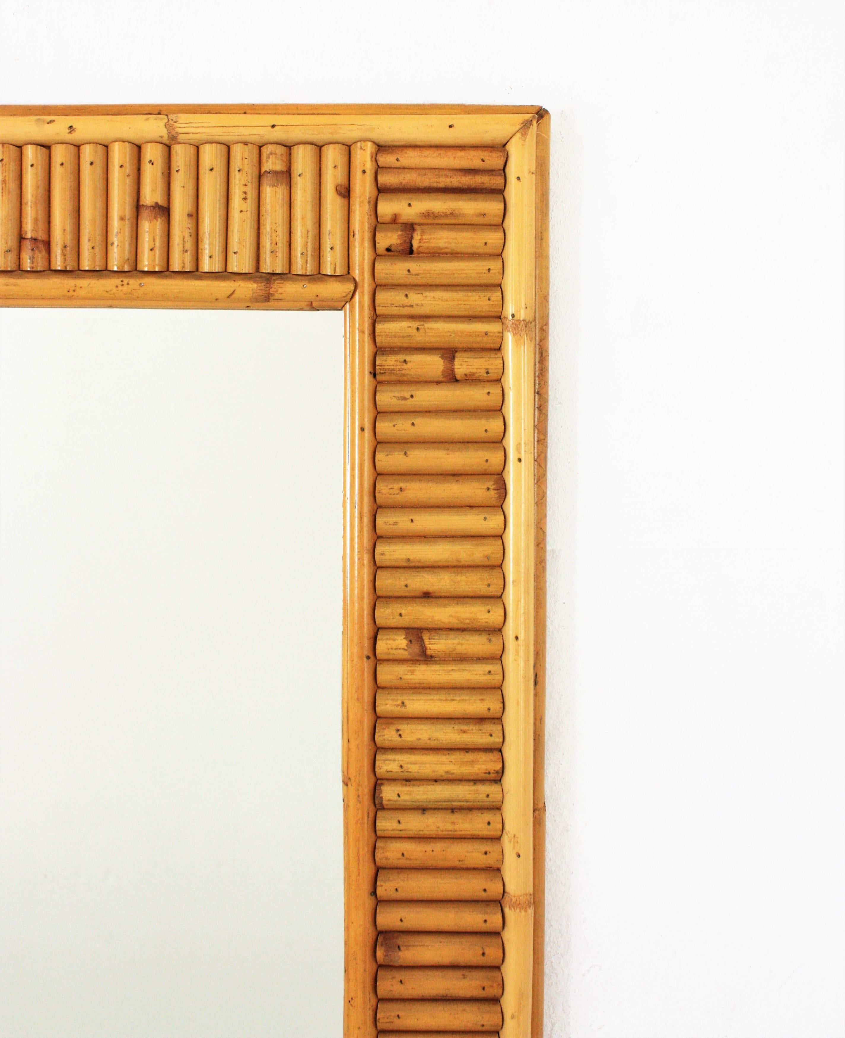 Hand-Crafted Midcentury Rattan Split Reed Rectangular Wall Mirror For Sale