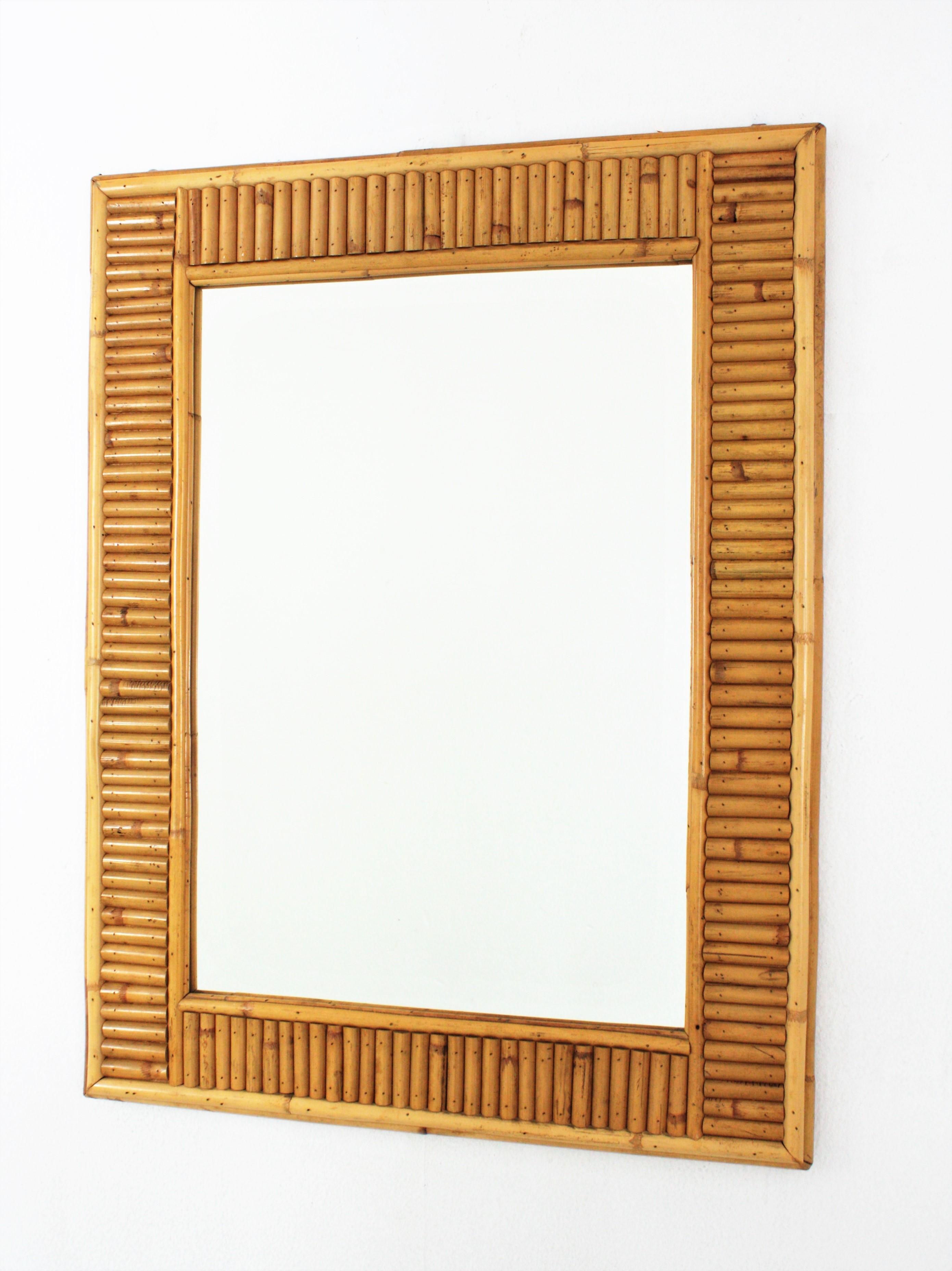 Midcentury Rattan Split Reed Rectangular Wall Mirror For Sale 1