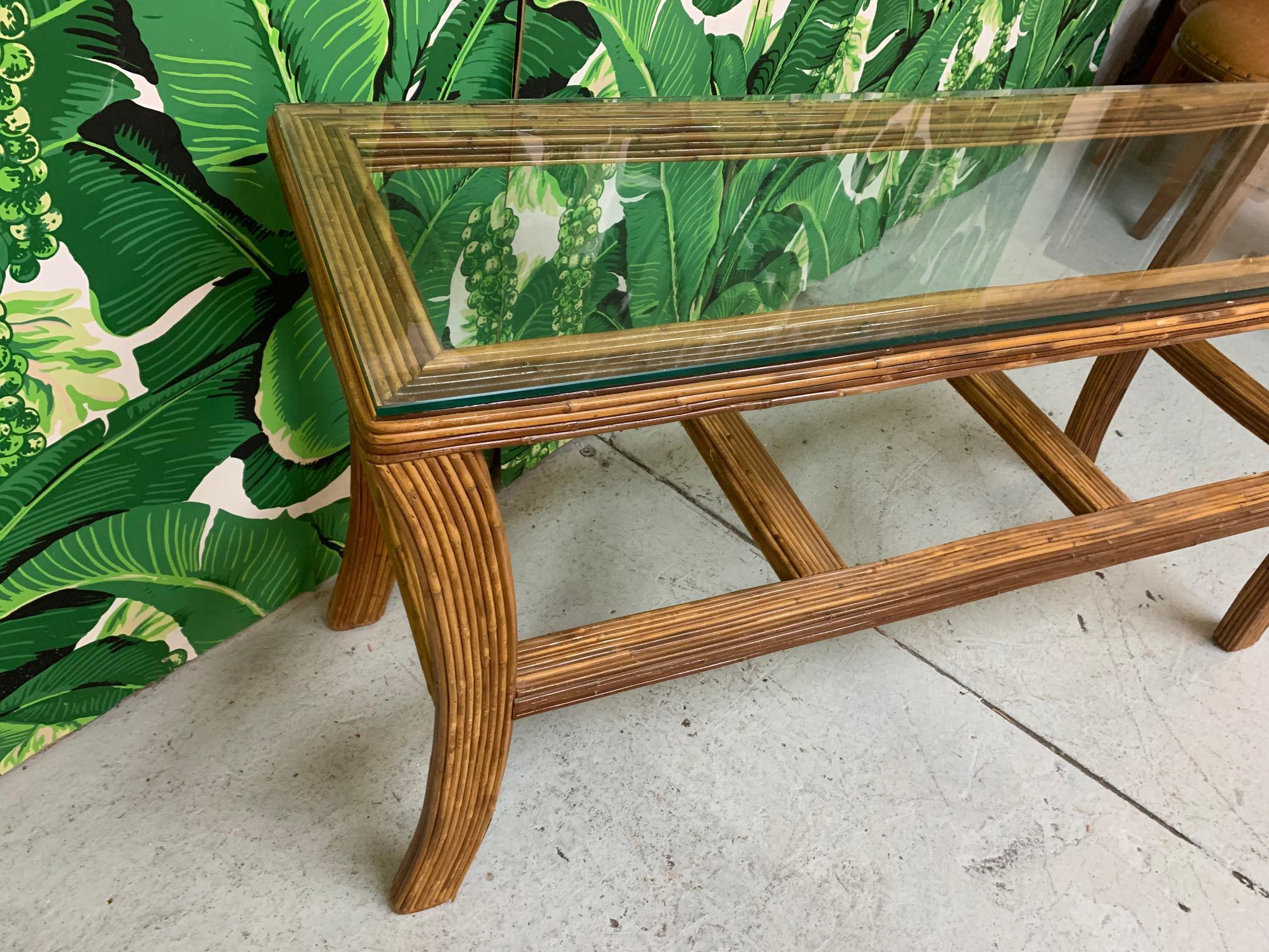 Organic Modern Split Reed Rattan Splayed Leg Console Table