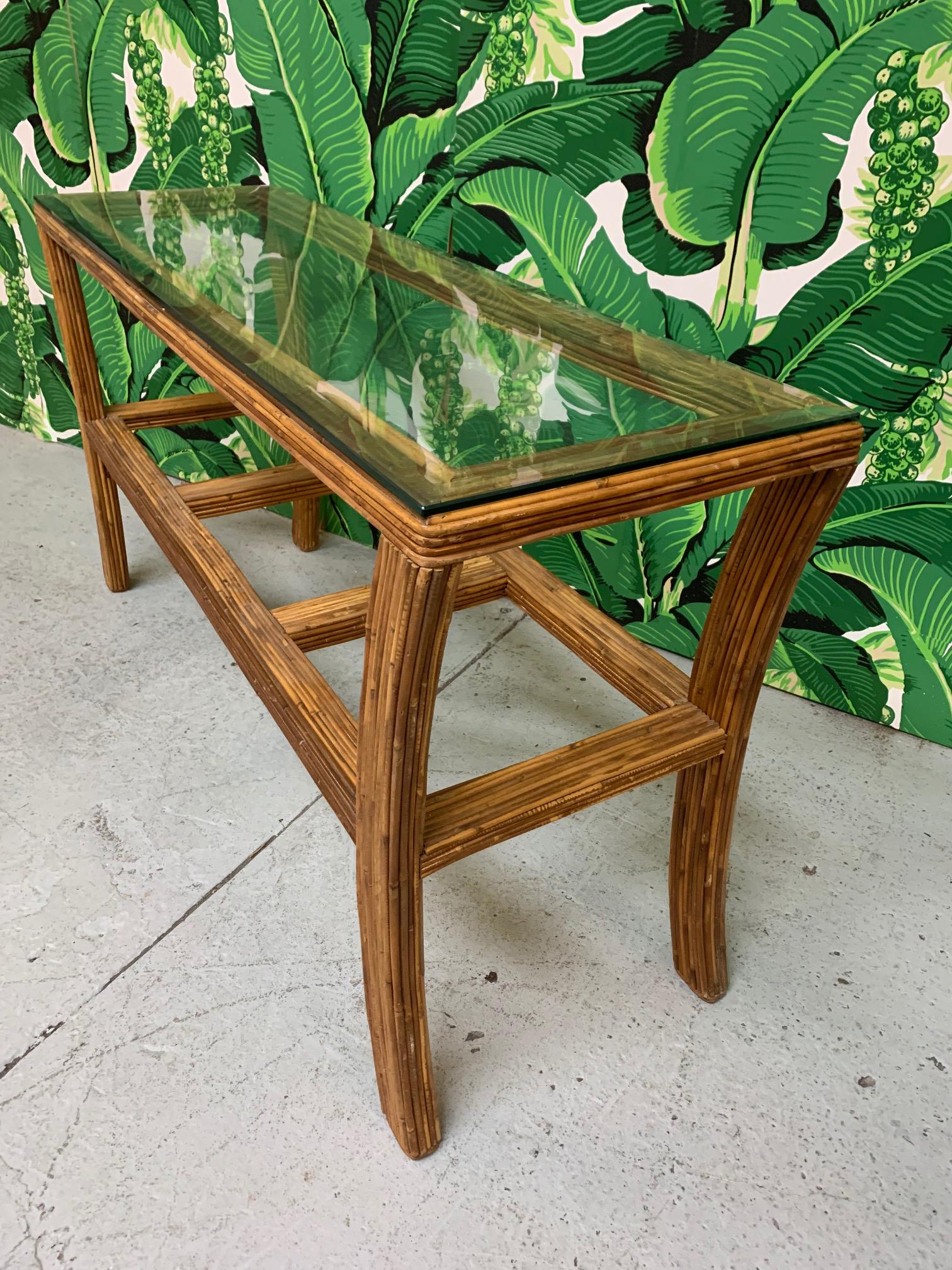 Split Reed Rattan Splayed Leg Console Table In Good Condition In Jacksonville, FL