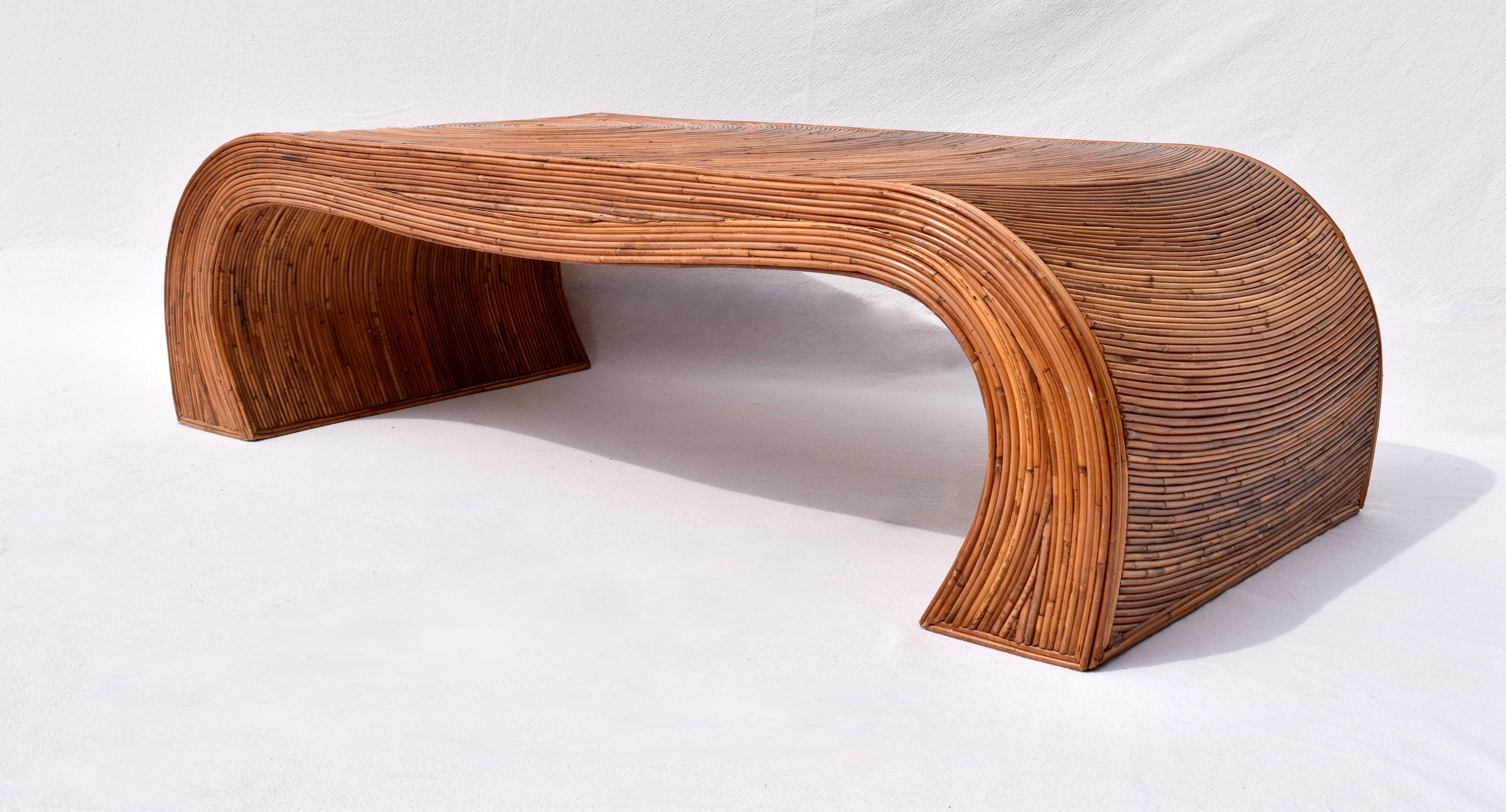 Mid-Century Modern Split Reed Rattan Waterfall Coffee Table in the Manner of Gabriella Crespi