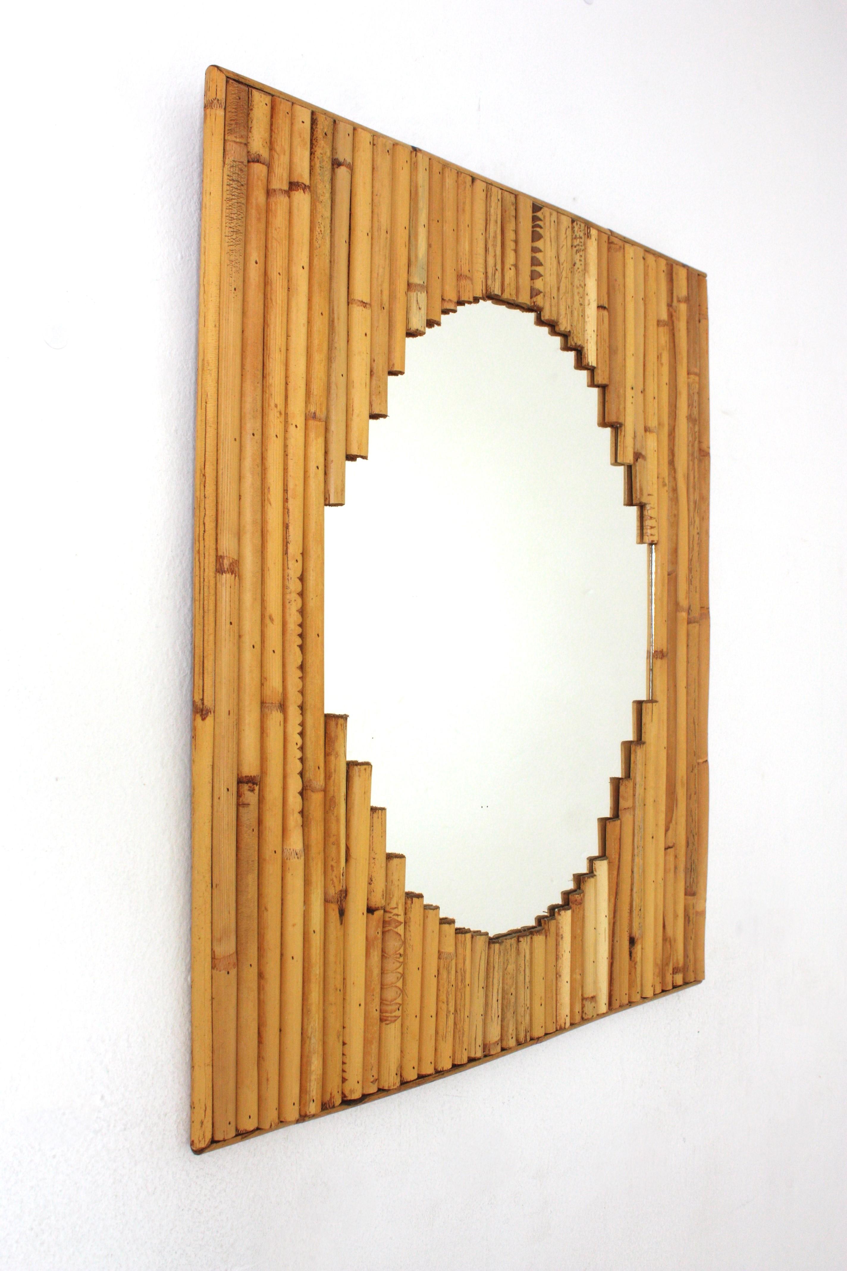 Hand-Crafted Split Reed Rectangular Mirror Framing Oval Glass For Sale
