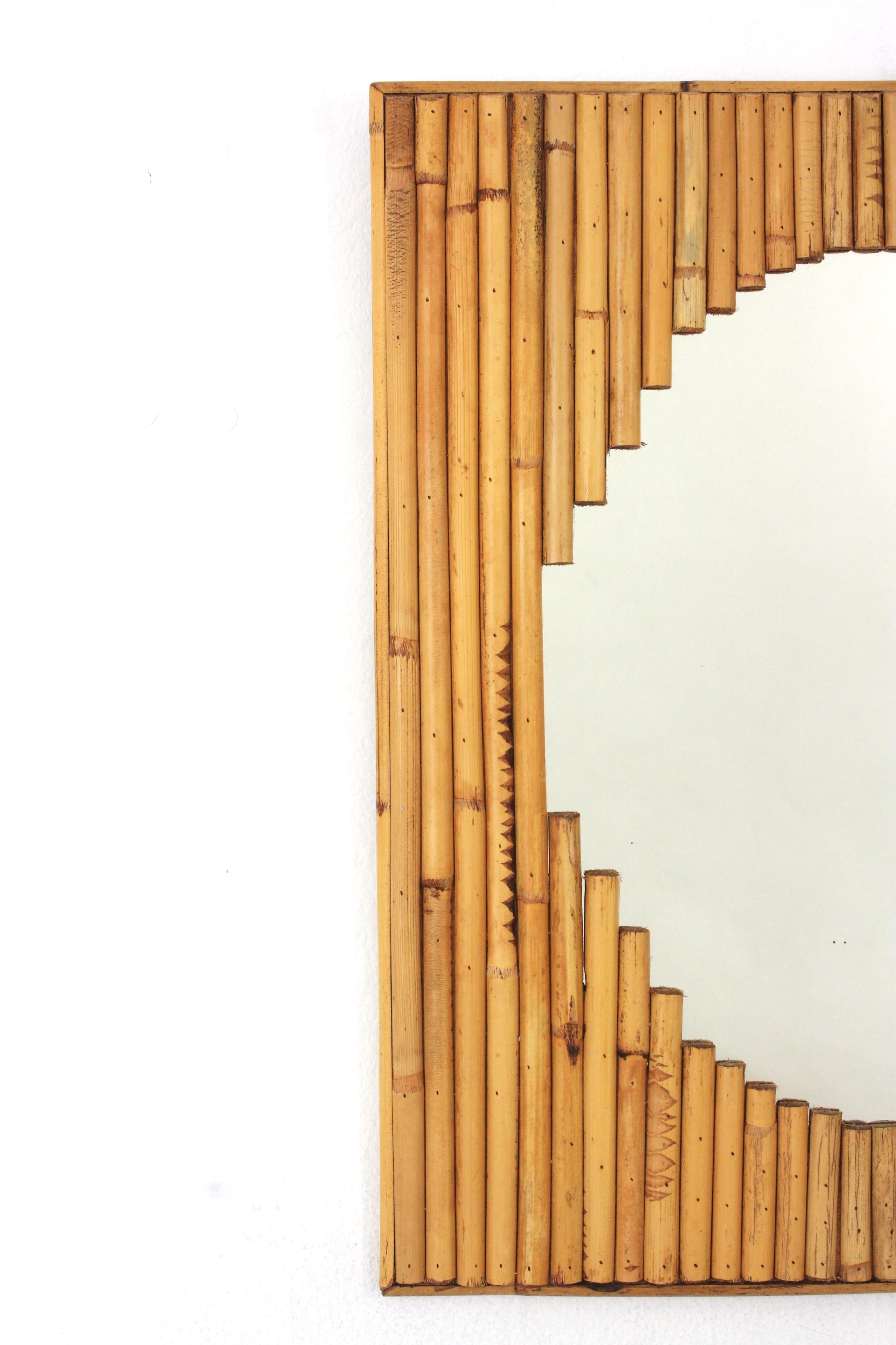 20th Century Split Reed Rectangular Mirror Framing Oval Glass For Sale