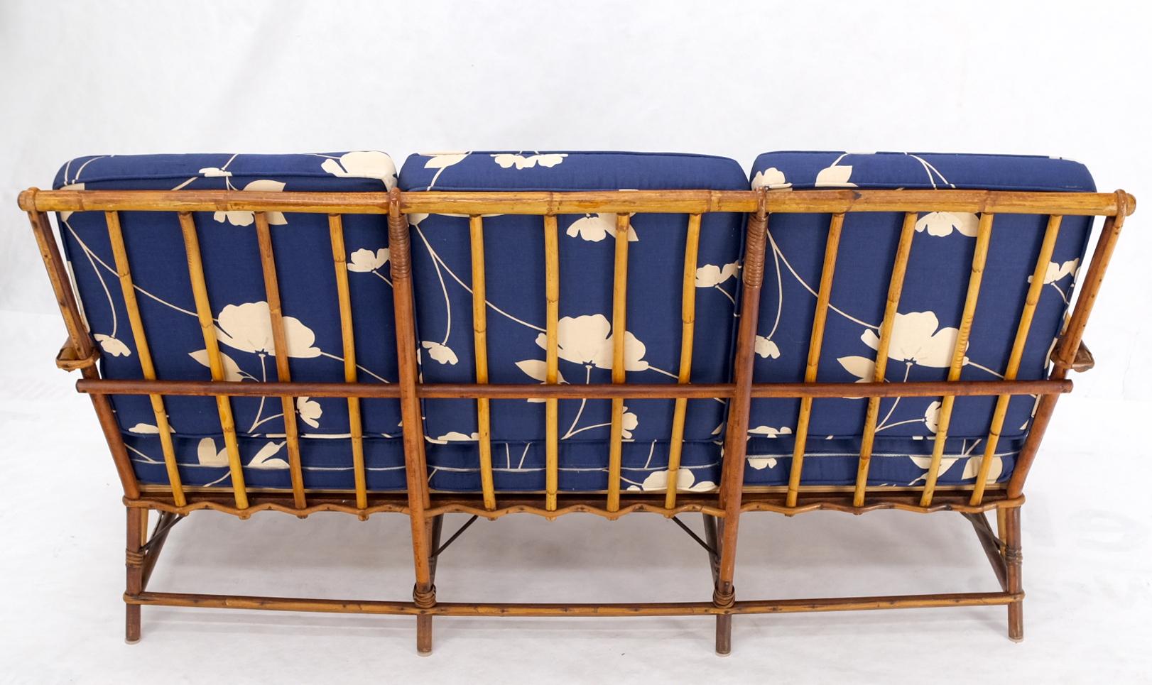 Split Reed Wicker Rattan Bamboo 3 Seater Sofa Blue & White Cushions For Sale 9