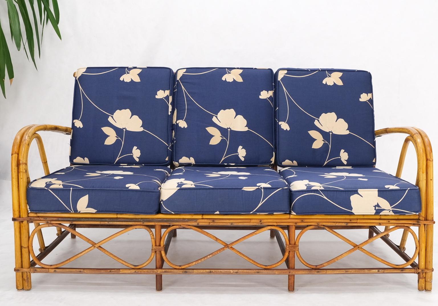20th Century Split Reed Wicker Rattan Bamboo 3 Seater Sofa Blue & White Cushions For Sale
