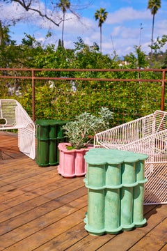 Split Ruffle Ceramic Side Table & Stool in Chrome Green by BZIPPY