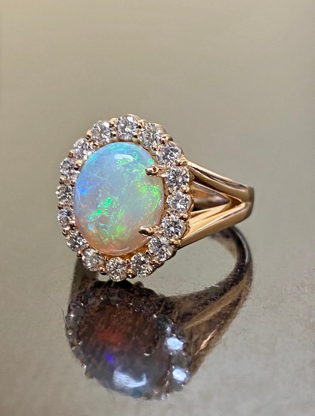 Art Deco Split Shank 18K Rose Gold Halo Diamond Australian Opal Engagement Ring For Sale