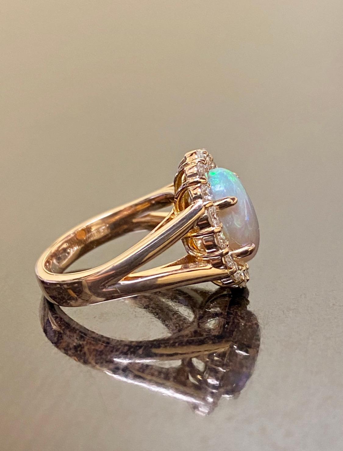 Split Shank 18K Rose Gold Halo Diamond Australian Opal Engagement Ring In New Condition For Sale In Los Angeles, CA