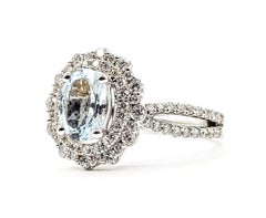 Anello da cocktail con acquamarina e diamanti, con montatura a due ramificazioni, in oro bianco 14k