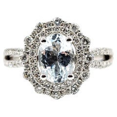 Anello da cocktail con acquamarina e diamanti, con montatura a due ramificazioni, in oro bianco 14k